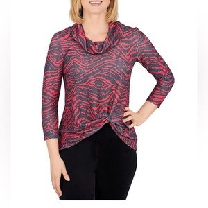 Ruby Rd Metallic Zebra Print Cowl Neck 3/4 Sleeve Twist Front Top sz L